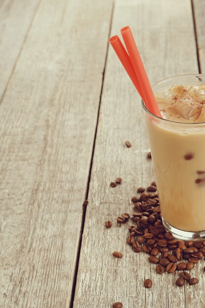 Ice latte with coffee beans