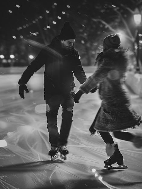 Foto gratuita pattinaggio su ghiaccio in bianco e nero