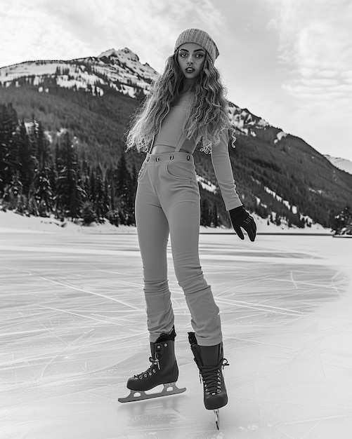 Ice skating in black and white