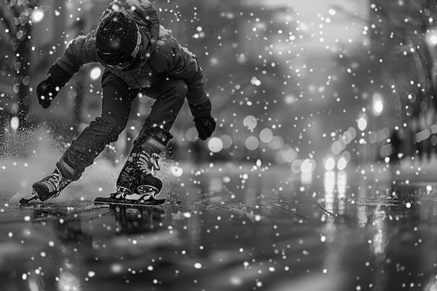 Ice skating in black and white