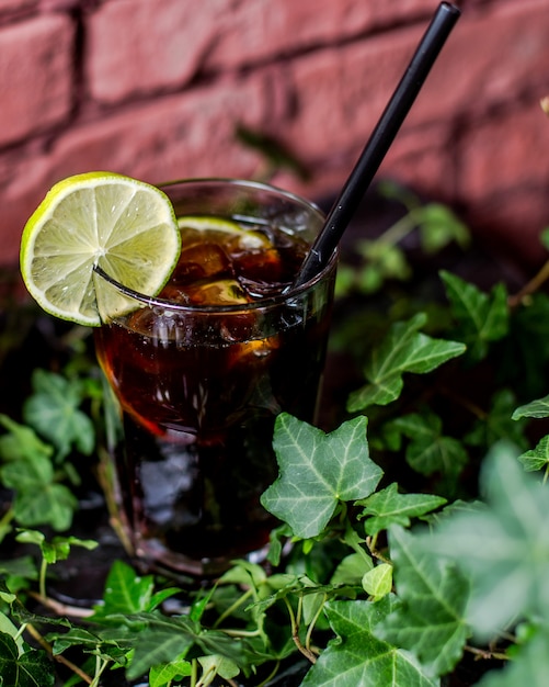 Ice tea with lemon slices and ice cubes