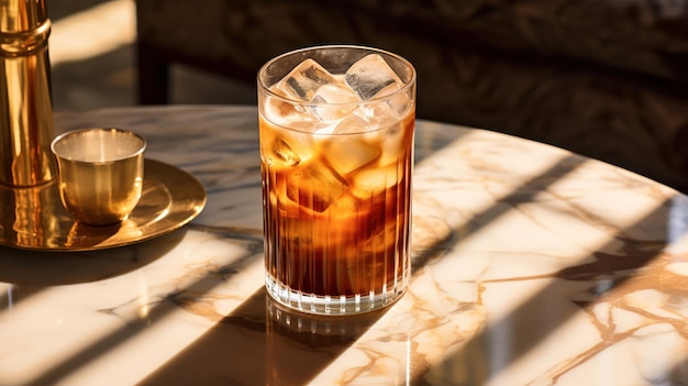 Free photo iced cappuccino elegantly placed in a glass on a marble table