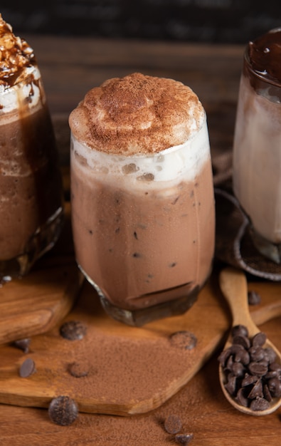 Iced coffees with whipped cream and chocolate