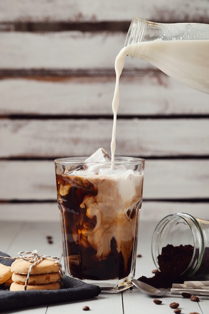 Iced latte coffee. Morning breakfast concept