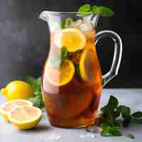 Free photo iced tea with lemon and mint in a jug on a gray background