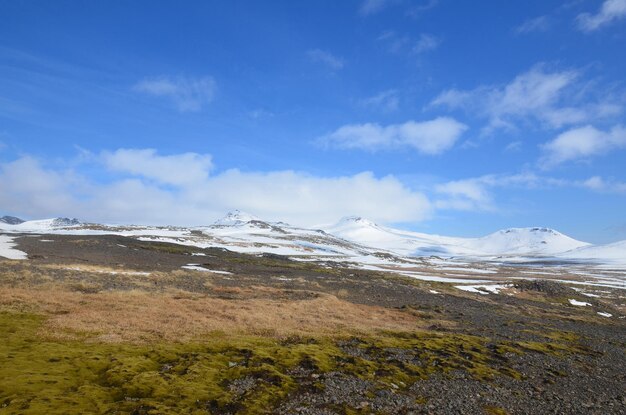 Icey snow capped mountains in a field of black rocks