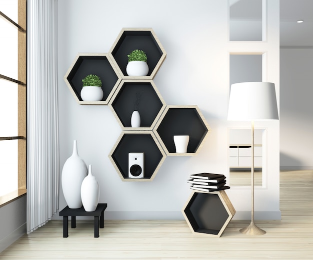 Идея шестигранной полки деревянного дизайна на стене в гостиной в стиле дзен Premium Фотографии