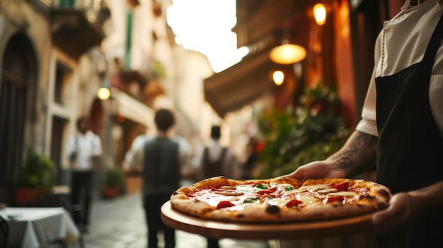 Idea for a restaurant menu waiter serving pizza on a wooden tray in a cafe on a street in old Rome