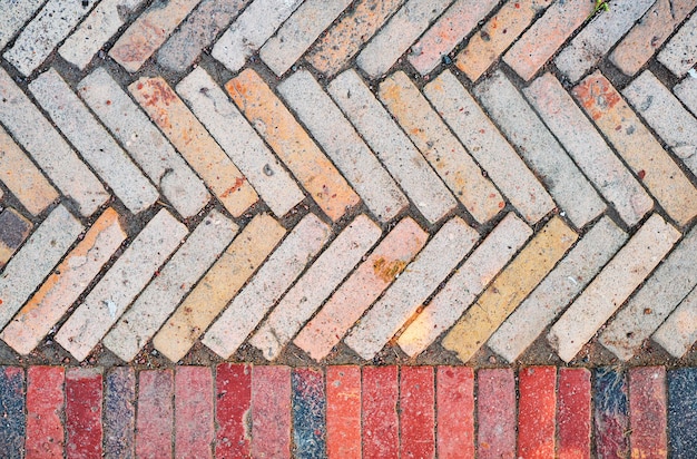 The idea of a simple wallpaper for your desktop a varied pattern of a track made of multicolored rectangular brick tiles Abstract background from old brick ceramic cobblestone top view