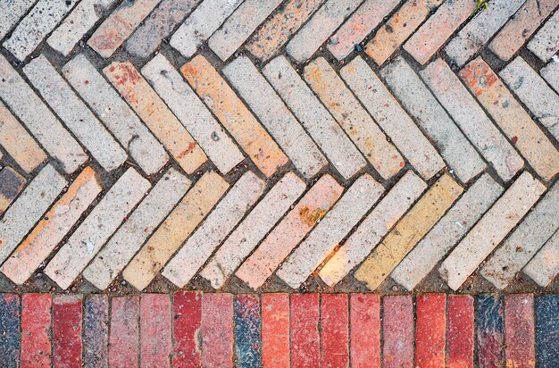 The idea of a simple wallpaper for your desktop a varied pattern of a track made of multicolored rectangular brick tiles Abstract background from old brick ceramic cobblestone top view