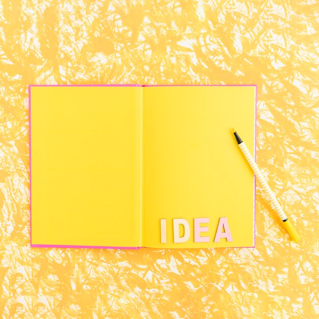 Idea text on an open blank book with felt tip pen over the textured backdrop