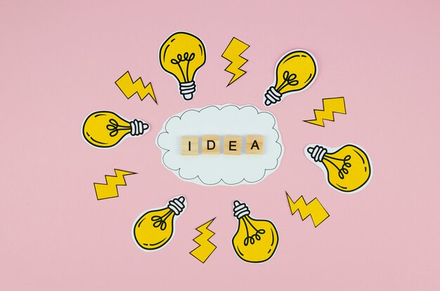 Idea text in scrabbles letter and light bulbs on pink background