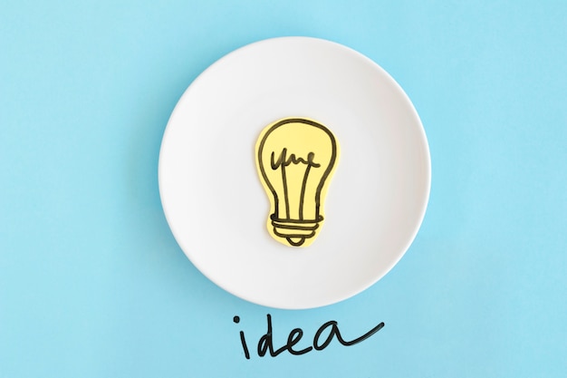 Idea text below the white plate with hand drawn light bulb