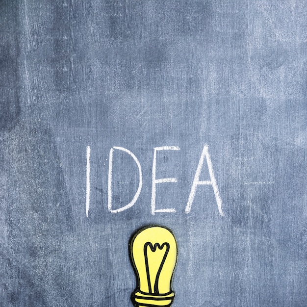 Idea text written with chalk over the paper cutout light bulb on chalkboard