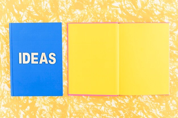 Ideas book near the open yellow page book on yellow backdrop