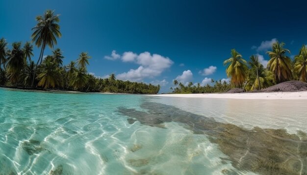 Идиллический пальмовый берег с бирюзовой водой, созданный искусственным интеллектом
