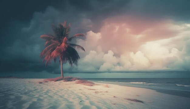 Idyllic sunset on tropical coastline palm trees sway generated by AI