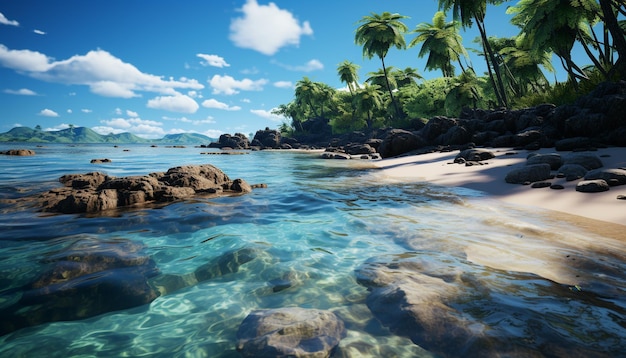 Idyllic tropical coastline tranquil waters palm trees reflect in sunset generated by artificial intelligence