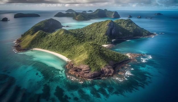 Foto gratuita drone volante sull'acqua turchese della costa tropicale idilliaca generato dall'intelligenza artificiale