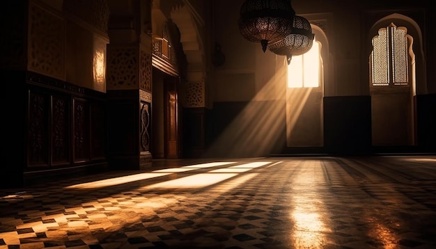 Illuminated ancient corridor leads to modern spirituality generated by AI