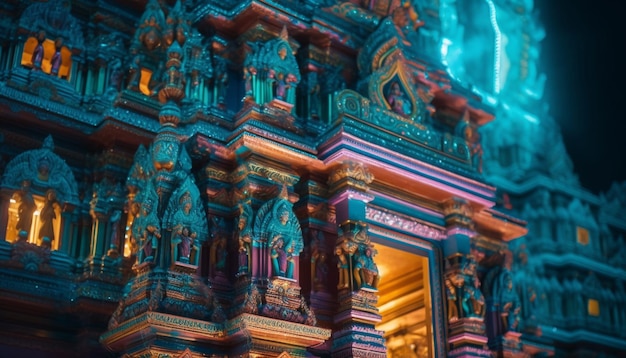 無料写真 ai によって生成された夜の有名なヒンズー教寺院のライトアップされた建築物