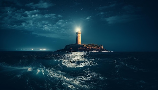 Foto gratuita il faro illuminato guida le navi attraverso l'oscuro paesaggio marino generato dall'intelligenza artificiale