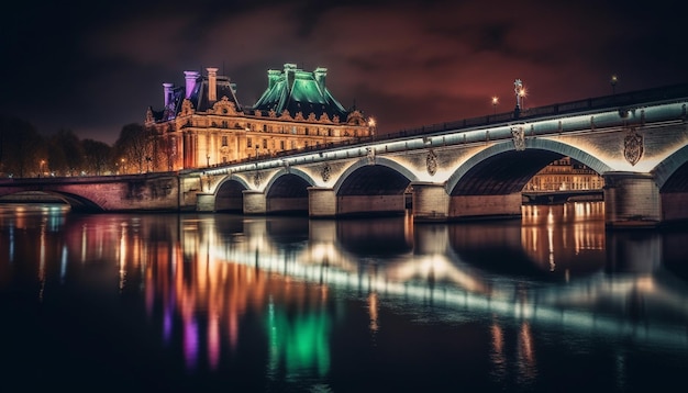 Foto gratuita il ponte illuminato riflette la storia e l'architettura della città generate dall'intelligenza artificiale