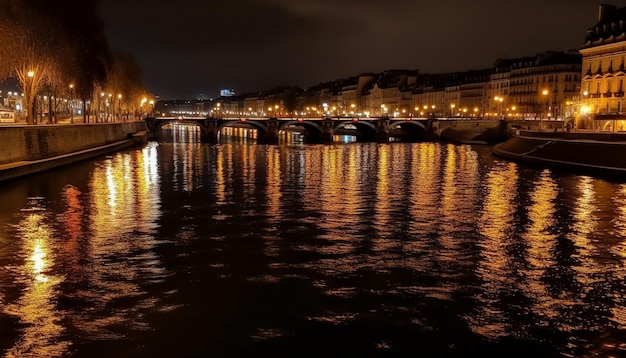 Illuminated bridge reflects city skyline at dusk generated by AI