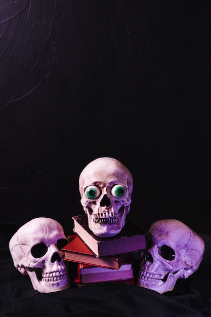 Illuminated by purple light skulls