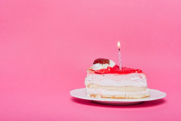 Illuminated candle on birthday cake slice with pink background