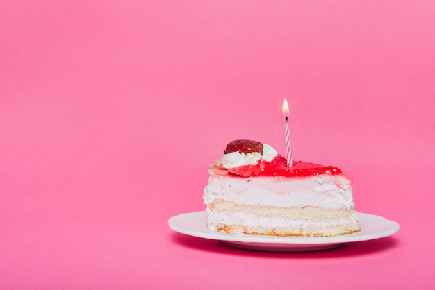 Illuminated candle on birthday cake slice with pink background