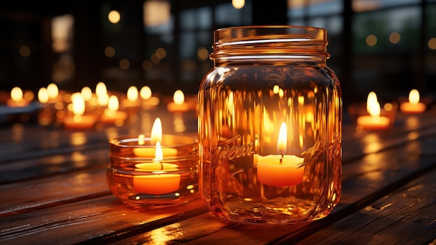 Free photo illuminated candle in a glass jar on wood