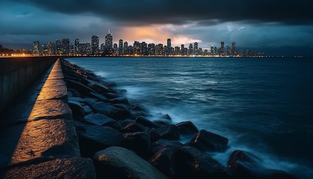 Foto gratuita lo skyline della città illuminato si riflette sull'acqua calma generata dall'intelligenza artificiale