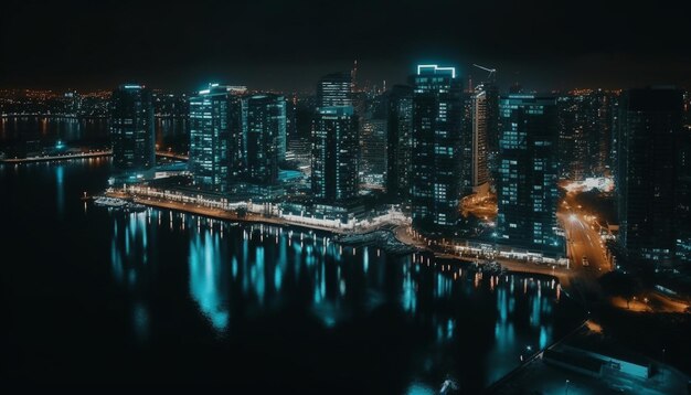 Освещенный городской горизонт отражается на набережной в сумерках, созданный ИИ