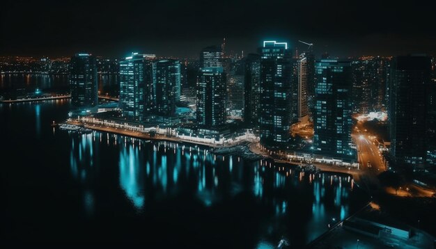 Illuminated city skyline reflects on waterfront at dusk generated by AI