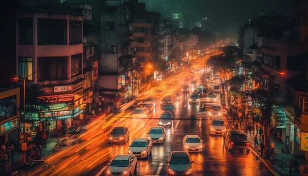 Illuminated city skyline traffic jam bustling nightlife generated by AI