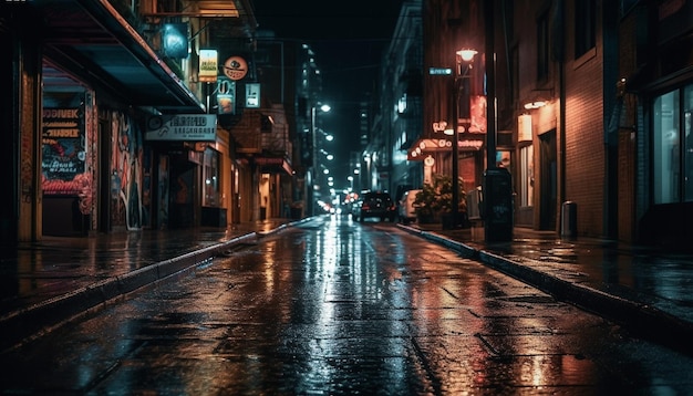 Illuminated city skyline wet streets blurred motion generated by AI