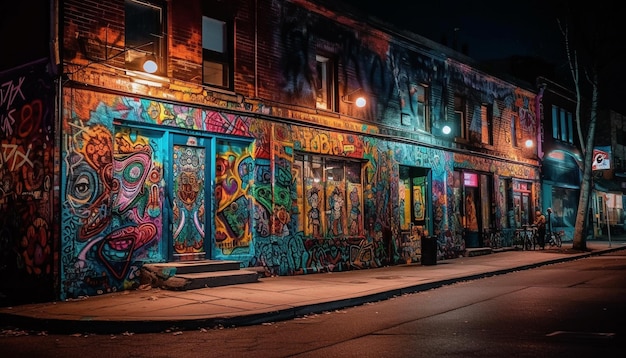 Illuminated city street showcases vibrant Caribbean culture at night generated by AI