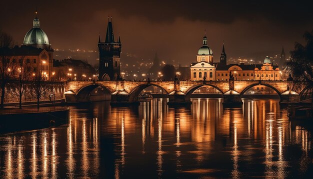 Illuminated gothic basilica reflects on water at dusk generated by AI