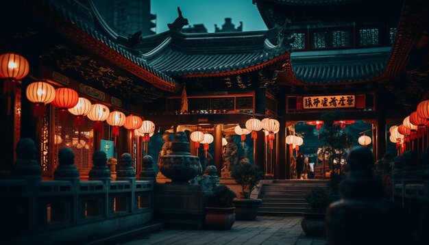 Illuminated lanterns adorn ancient Chinese architecture at dusk generated by AI