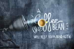 Free photo illuminated light bulb over the coffee cup and text on blackboard