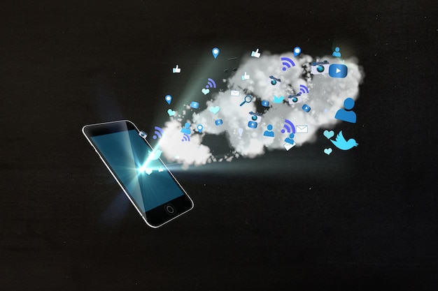 Illuminated mobile with icons in blue tones