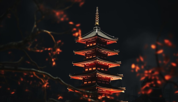Бесплатное фото Освещенная пагода демонстрирует древнюю японскую культуру и архитектуру, созданную искусственным интеллектом