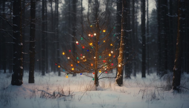 Foto gratuita l'albero di pino illuminato si illumina nell'ia generativa della notte invernale