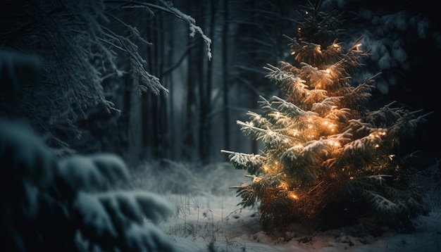 Foto gratuita i pini illuminati risplendono nel paese delle meraviglie invernale generato dall'intelligenza artificiale