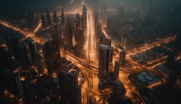 Foto gratuita i grattacieli illuminati illuminano lo skyline futuristico di dubai generato dall'intelligenza artificiale