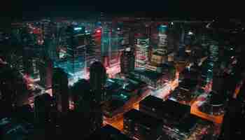 Бесплатное фото Освещенные небоскребы освещают город ночью, созданный искусственным интеллектом
