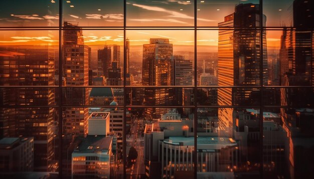Освещенные небоскребы отражают городскую жизнь в сумерках, созданных искусственным интеллектом