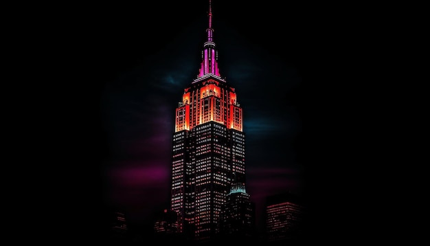 無料写真 ライトアップされた高層ビルが、ai によって生成されたダークブルーの夜に映ります。