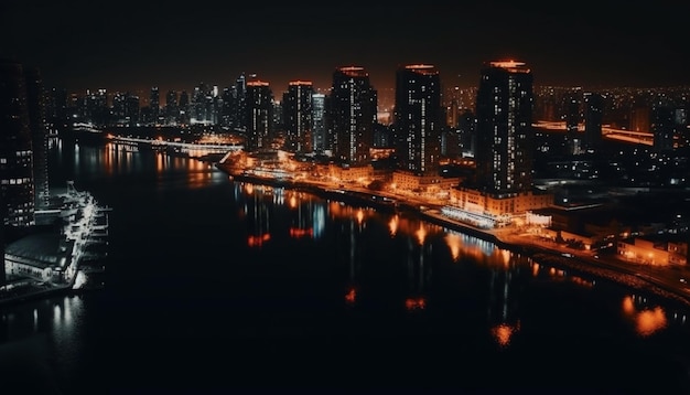 Foto gratuita i grattacieli illuminati si riflettono sul lungomare al tramonto generati dall'intelligenza artificiale